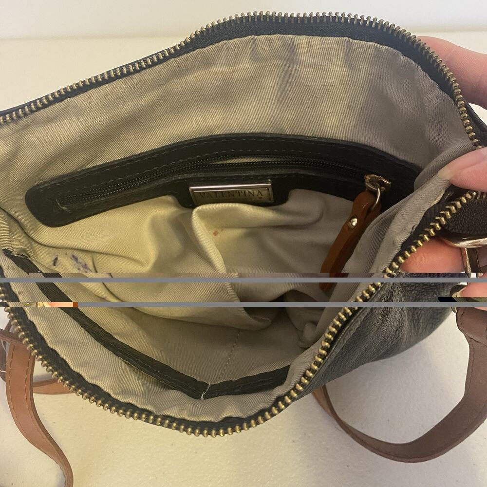 Valentina Logo Pebbled Black Brown Trim Leather Crossbody Bag Purse Italy Made - Picture 8 of 14